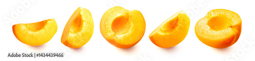 Set of fresh cut apricots. Apricot slices and halves isolated on white background.