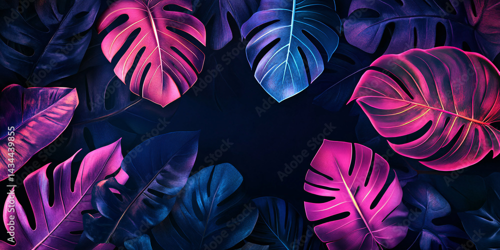 Background of many different tropical leaves in neon colors and lighting. dark background. funky banner. unusual colors. summer background. vegetation