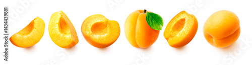 Apricot set isolated on white background. Fresh apricots - half, slice and whole apricots with leaf.
