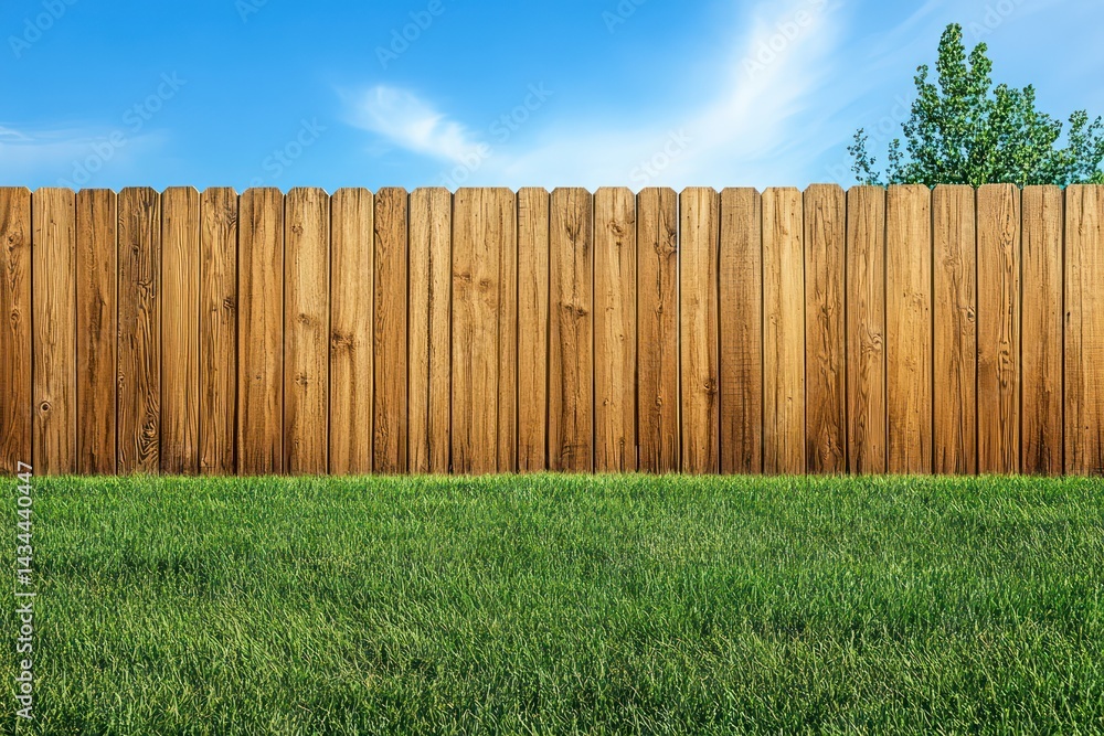 Fototapeta premium Simple wooden fence with green grass and bright blue sky