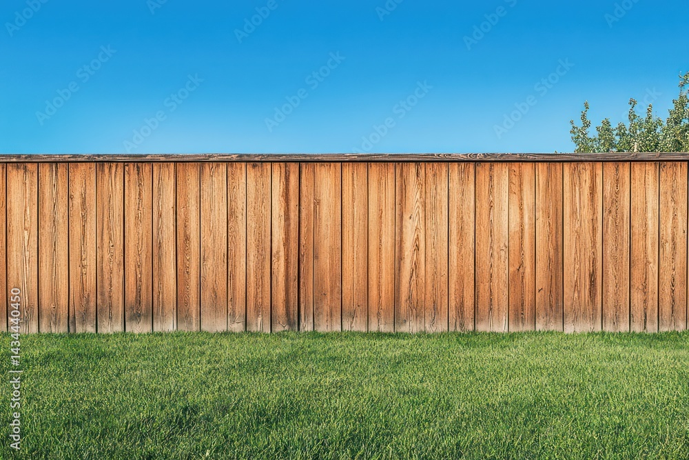 Fototapeta premium Simple wooden fence with green grass and bright blue sky