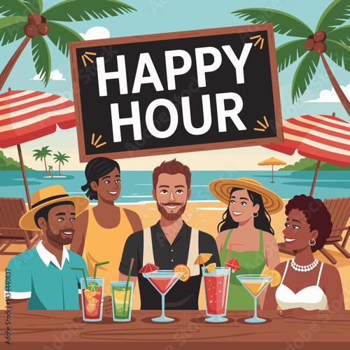 Happy Hour Beach Bar Scene with Friends and Cocktails