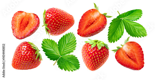 Strawberry and leaf collection. Set of fresh strawberries fruits whole and cut in half with leaves, isolated on white background.