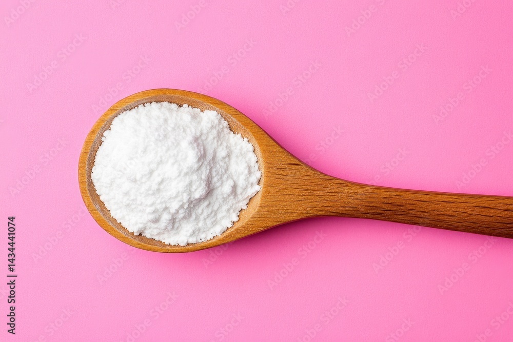 Wooden spoon with baking soda on a pink backdrop Wooden spoon with baking soda on a pink backdrop