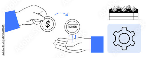 Hand exchanging currency for tokens, arrow indicating flow, gear symbol for mechanism, layered soil with plants. Ideal for finance, blockchain, trade, agriculture, engineering processes simple
