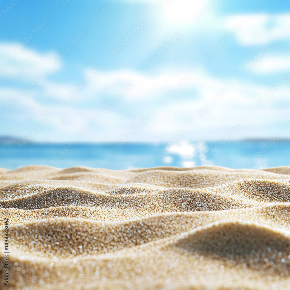Background with sand in the foreground and sky in the background. summer beach nature with rays of sunlight. golden sand beach. sea water against blue sky with clouds