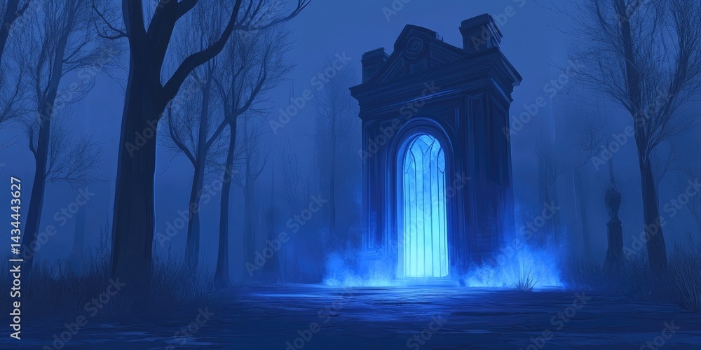Naklejka premium Ethereal blue portal glows in a dark, foggy forest at night.