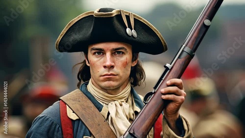 An American Revolutionary soldier prepares for battle while loading his musket, embodying the spirit of courage and determination in the midst of conflict during the late 18th century