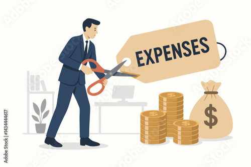 Cost reduction strategy vector illustration: Businessman slashes expenses tag with scissors near coins and money bag, signifying business savings, budget cuts, and financial control.