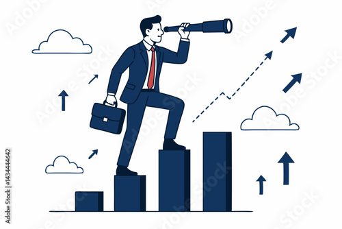Ambitious businessman with telescope atop ascending bar graph seeks future prospects and investment opportunities. Concept of financial growth, career ladder, and foresight vector illustration.