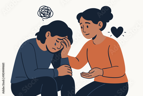 Mental health awareness concept vector. Compassionate person providing emotional support and comfort to someone suffering from depression, stress, or anxiety. Empathy illustration.