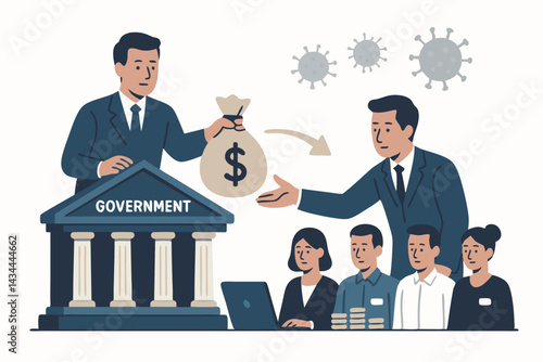 Vector illustration of government financial relief program distributing stimulus money and salary support to citizens and workers affected by the economic crisis during a pandemic.