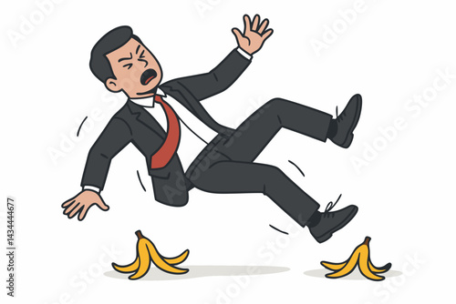 Businessman slipping on banana peels cartoon illustration. Concept of business risk, danger, accident, mistake, failure, unexpected problem, or carelessness in corporate world vector.