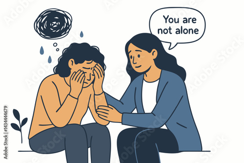 Mental Health Support Concept Vector Illustration with Two People, One Comforting Sad Friend Experiencing Anxiety or Depression, Empathy and Understanding Message.