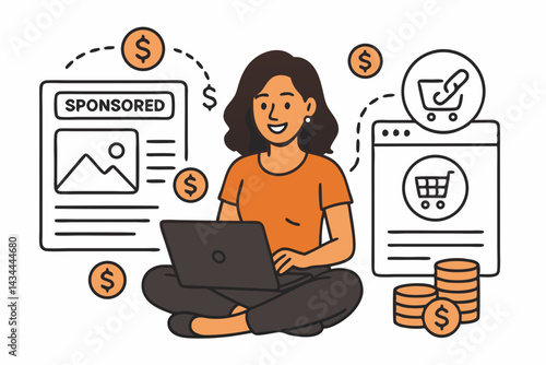 Digital Entrepreneur Woman Blogging for Money: Vector Concept of Online Income Streams like Sponsored Ads & Affiliate Sales Generating Passive Wealth Online Easily