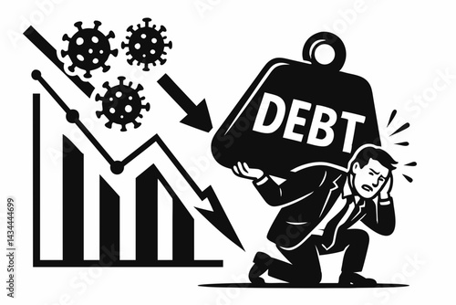Vector illustration depicting economic downturn and recession warning, showing a burdened businessman carrying huge debt due to virus pandemic impact on financial markets graph.