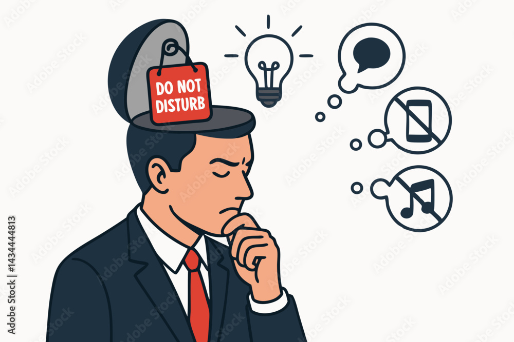 Businessman needs focus and quiet for deep work concept vector. Do not disturb sign in open head blocks distractions like phone, music, chatter for concentration, problem-solving, idea generation. Businessman needs focus and quiet for deep work concept vector. Do not disturb sign in open head blocks distractions like phone, music, chatter for concentration, problem-solving, idea generation.