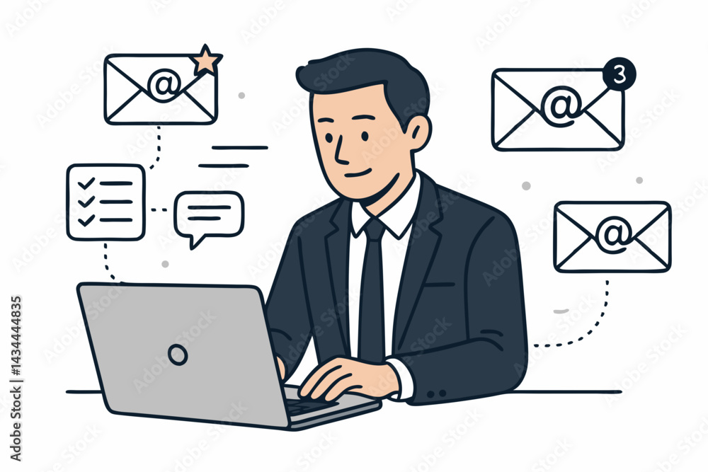 Streamlined business communication vector illustration. Focused businessman managing email inbox, tasks, and workflow efficiently on a laptop. Corporate productivity concept. Streamlined business communication vector illustration. Focused businessman managing email inbox, tasks, and workflow efficiently on a laptop. Corporate productivity concept.
