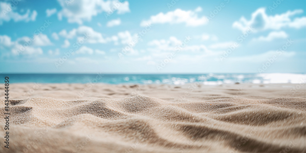 Background with sand in the foreground and sky in the background. summer beach nature with rays of sunlight. golden sand beach. sea water against blue sky with clouds