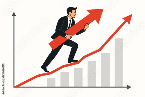 Determined businessman in suit carrying red upward arrow along rising financial chart, illustrating stock market growth, successful investment strategy, and career progress.