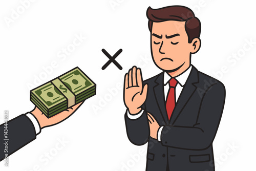 Professional businessman firmly rejecting a cash bribe offer with a stop hand gesture. Vector illustration symbolizing anti-corruption, business ethics, integrity, and refusing illegal money.