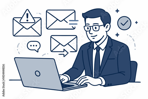 Professional businessman efficiently managing email communication workflow using laptop. Vector line art illustration showing inbox alerts, sending/receiving messages, and productivity.