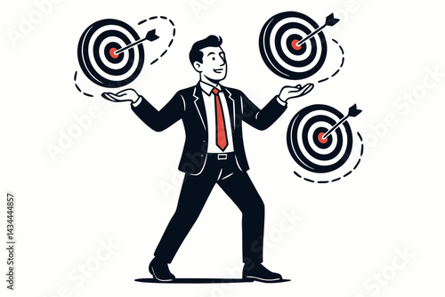 Corporate Professional Masterfully Juggling Bullseye Targets vector illustration. Symbolizes Multitasking, Goal Achievement, Business Strategy, Focus, and Success.