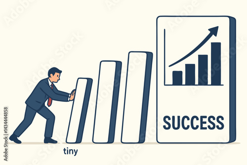 Concept illustration of a businessman starting a chain reaction with dominoes, symbolizing the domino effect driving business growth, progress, and ultimate success vector.