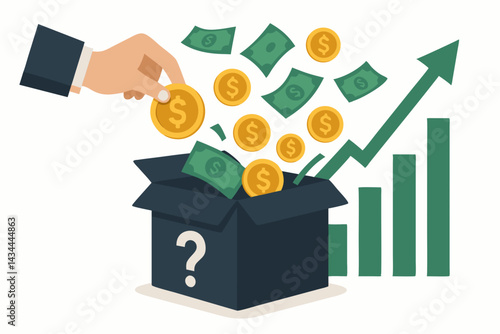 Mystery Box Investment Concept Vector Illustration Showing Financial Risk, Growth Potential, and Successful Returns with Money Flowing from Box and Upward Graph