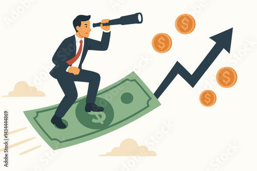 Vector illustration of businessman seeking financial opportunity, riding flying dollar bill and looking through telescope at upward arrow graph. Business growth and success concept.