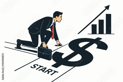 Vector illustration of a determined businessman poised at the start line, ready to race towards financial success, profit growth, and investment goals on a dollar sign track.