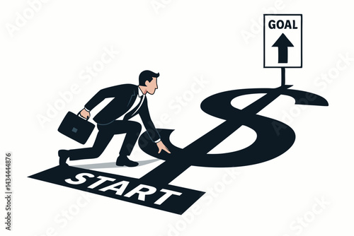 Vector illustration of a businessman with briefcase at the starting line of a dollar sign road, racing towards a financial goal, symbolizing investment journey and career ambition.