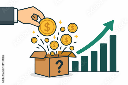Mystery Box Investment Success Concept: Hand placing dollar coin into question mark box symbolizing financial risk, uncertainty, and potential high return opportunity with rising growth chart vector.