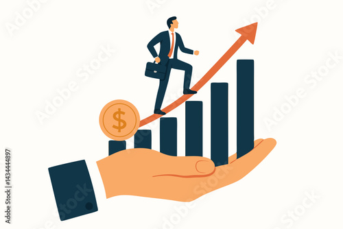 Supportive hand holds growing bar chart with businessman climbing up arrow towards success, symbolizing investment, financial progress, corporate strategy, and achievement vector illustration.