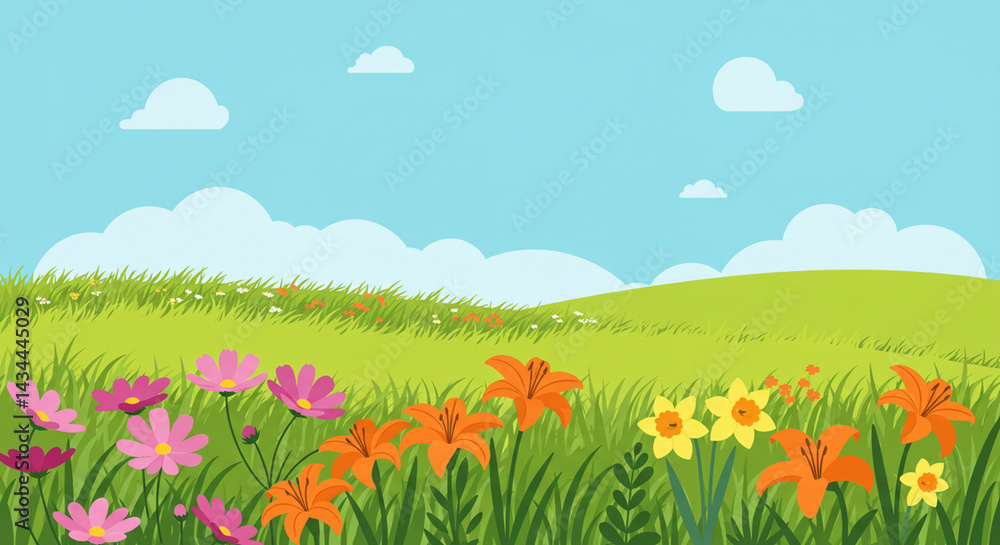 Fototapeta premium Vibrant Spring Meadow Colorful Flowers and Rolling Hills Landscape Illustration