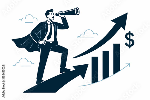 Successful businessman superhero with spyglass observes rising financial chart, representing vision, opportunity searching, market forecast, profit growth, and future investment success.