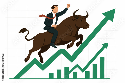 Vector art of a successful businessman riding a bull upwards on a stock market chart with green arrows and bars, illustrating bullish finance, investment victory, and market growth.