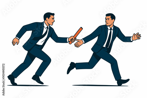 Businessmen passing the baton in a relay race, vector graphic symbolizing corporate teamwork, collaboration, partnership, succession planning, handover, and smooth business transition.