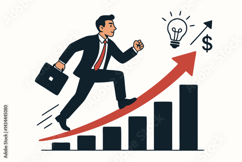 Ambitious businessman runs up rising graph arrow towards idea lightbulb & dollar sign. Vector concept for career growth, financial success, progress, achievement, business goal pursuit.