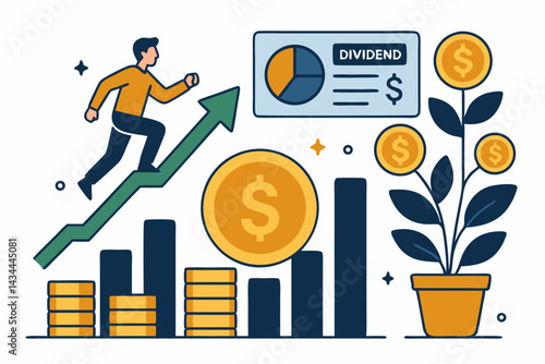 Modern flat vector illustration of wealth building strategies. Businessman runs up increasing graph arrow, representing financial growth, investment, dividends, and success.