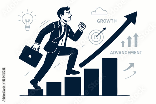 Career growth vector concept: Determined businessman with briefcase climbs chart stairs, aiming for success, advancement, and achieving targets. Business progress illustration.