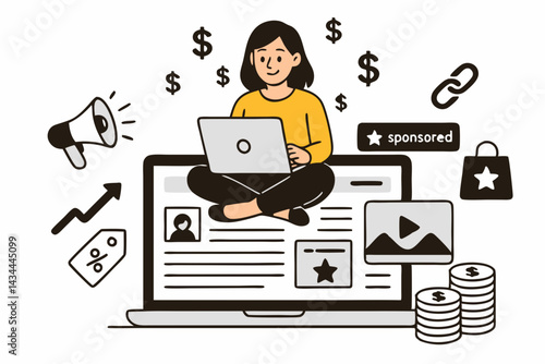 Vector illustration showing a female blogger earning money online, achieving financial freedom with her website, sponsored posts, and digital marketing strategies. Work from home concept.