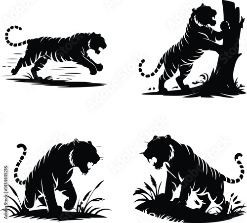 Tiger Silhouette Set | Wild Animal Vector Collection Roaring Tiger Silhouette | Jungle Wildlife Outline Pack