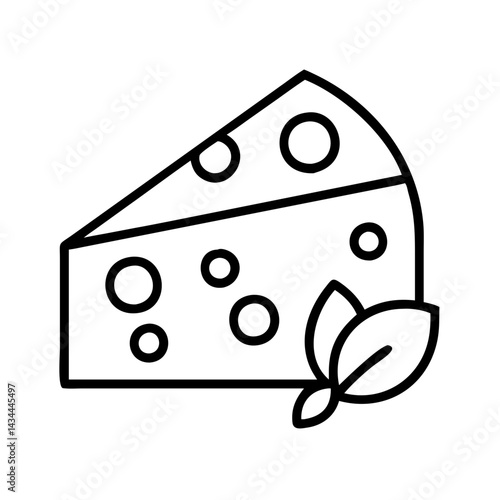 Cheese slice with holes and basil leaf outline icon vector illustration food dairy product 90