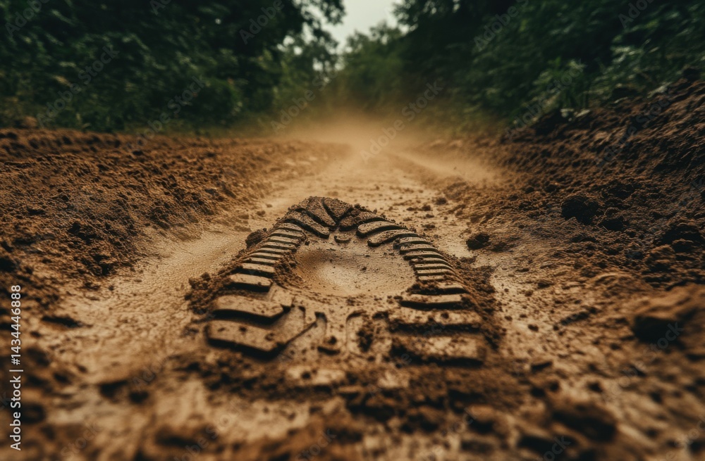 Fototapeta premium A single footprint in soft, brown, muddy dirt on a path through a forest