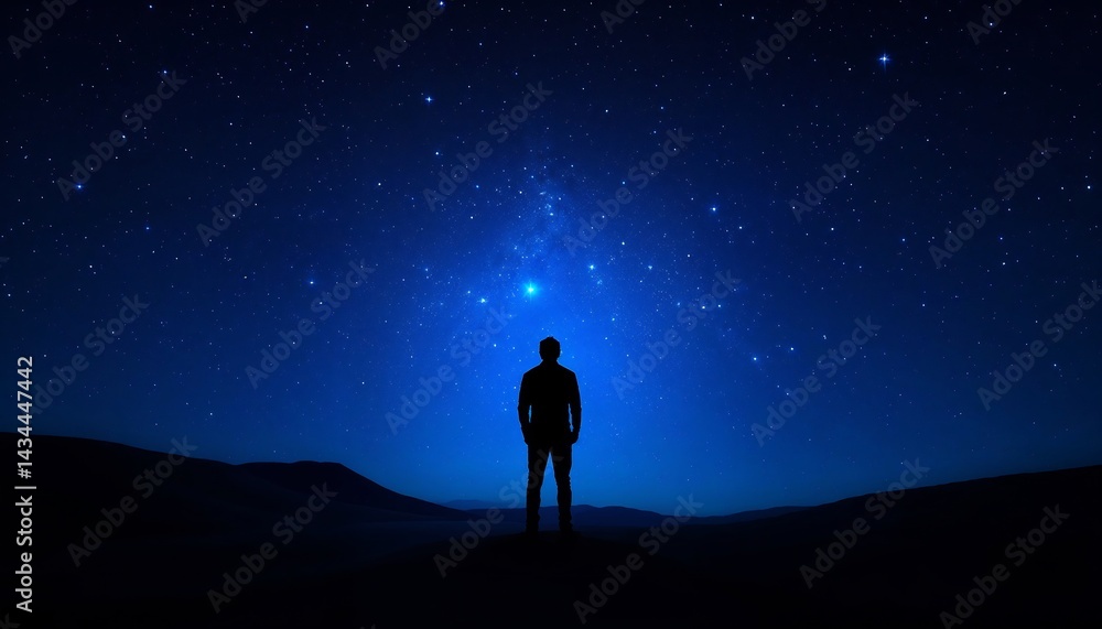 Contemplation Under Celestial Canopy: A solitary figure stands in silhouette against the expansive backdrop of a star-studded night sky, the vastness of space and the quiet moments of reflection. Contemplation Under Celestial Canopy: A solitary figure stands in silhouette against the expansive backdrop of a star-studded night sky, the vastness of space and the quiet moments of reflection.