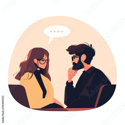 Man and woman having serious talk in therapy session

