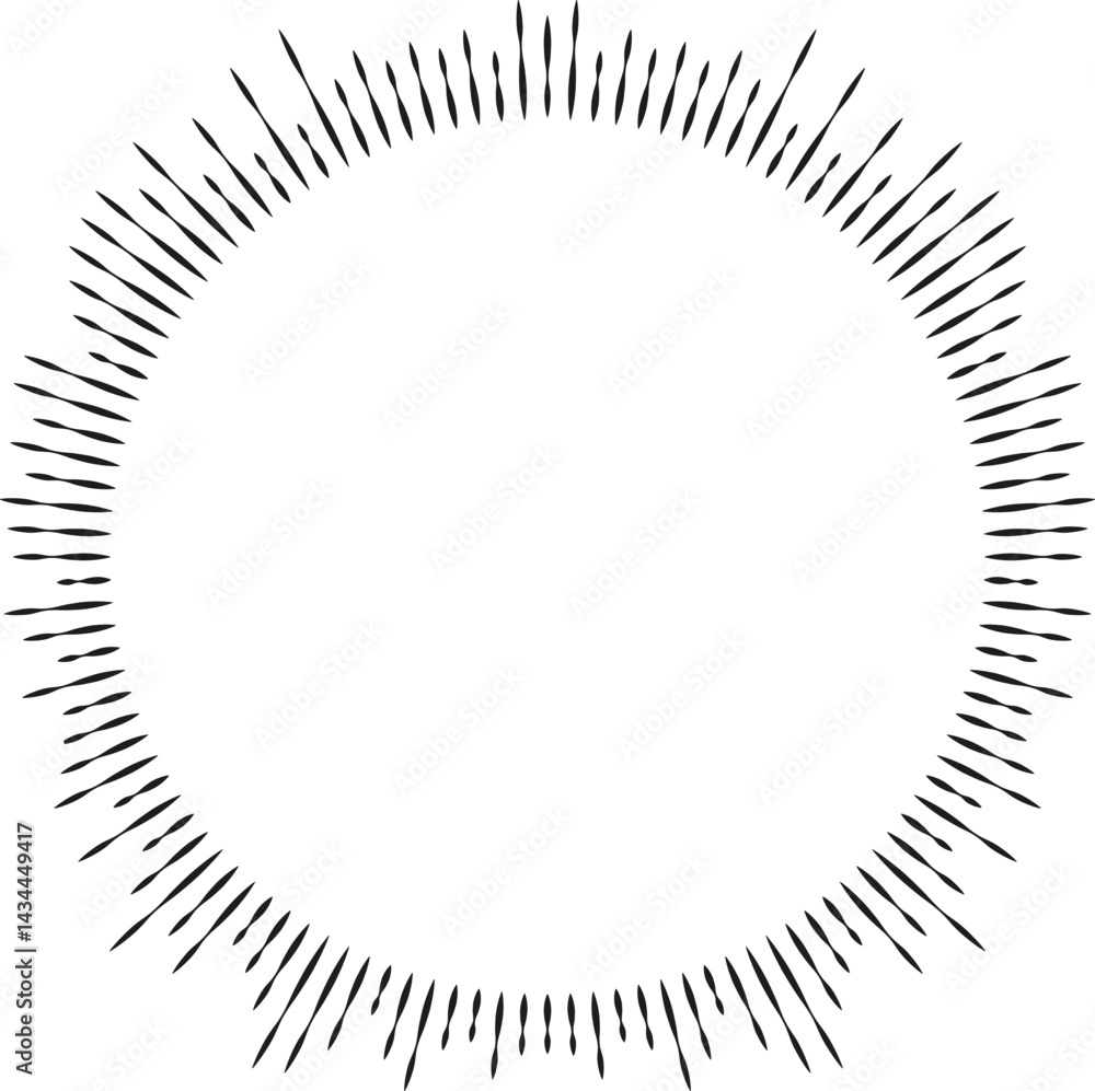 Circular shape with irregular rays and a large center space, featuring rays of varying thickness. Circular shape with irregular rays and a large center space, featuring rays of varying thickness.