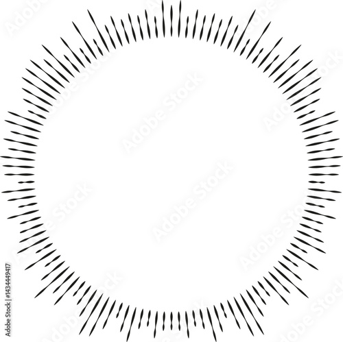 Circular shape with irregular rays and a large center space, featuring rays of varying thickness.