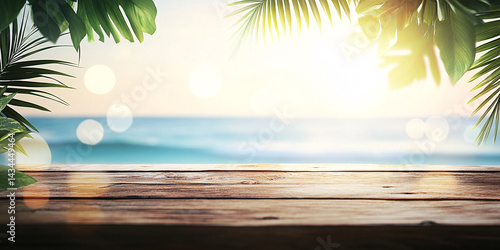 Obraz na płótnie Empty background with wooden floor on beach with palm trees. banner for advertising product. Wooden tabletop in front. blurred background. empty bar counter w salonie
